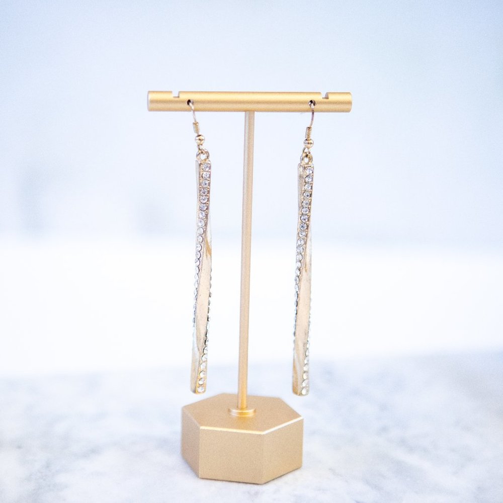Gold and Rhinestone Vertical Twist Drop Earrings